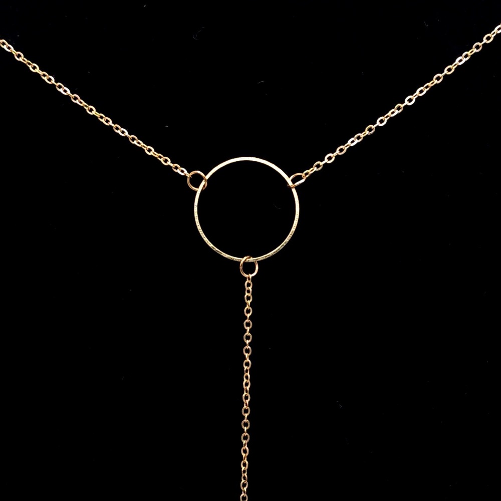 Gold Tone Lariat Necklace Circle Bar Minimalist Pendant - Picture 2 of 4